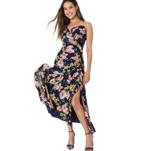 LULUS STUNNING SOIREE NAVY FLORAL PRINT RUCHED MIDI DRESS GARDEN GIRL L